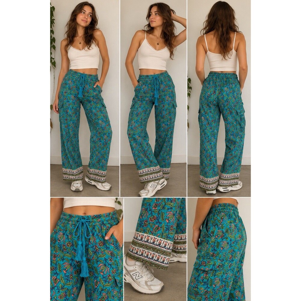Sundance Vibrant Reef Pants M Teal Floral Cotton Cargo Boho Drawstring India
